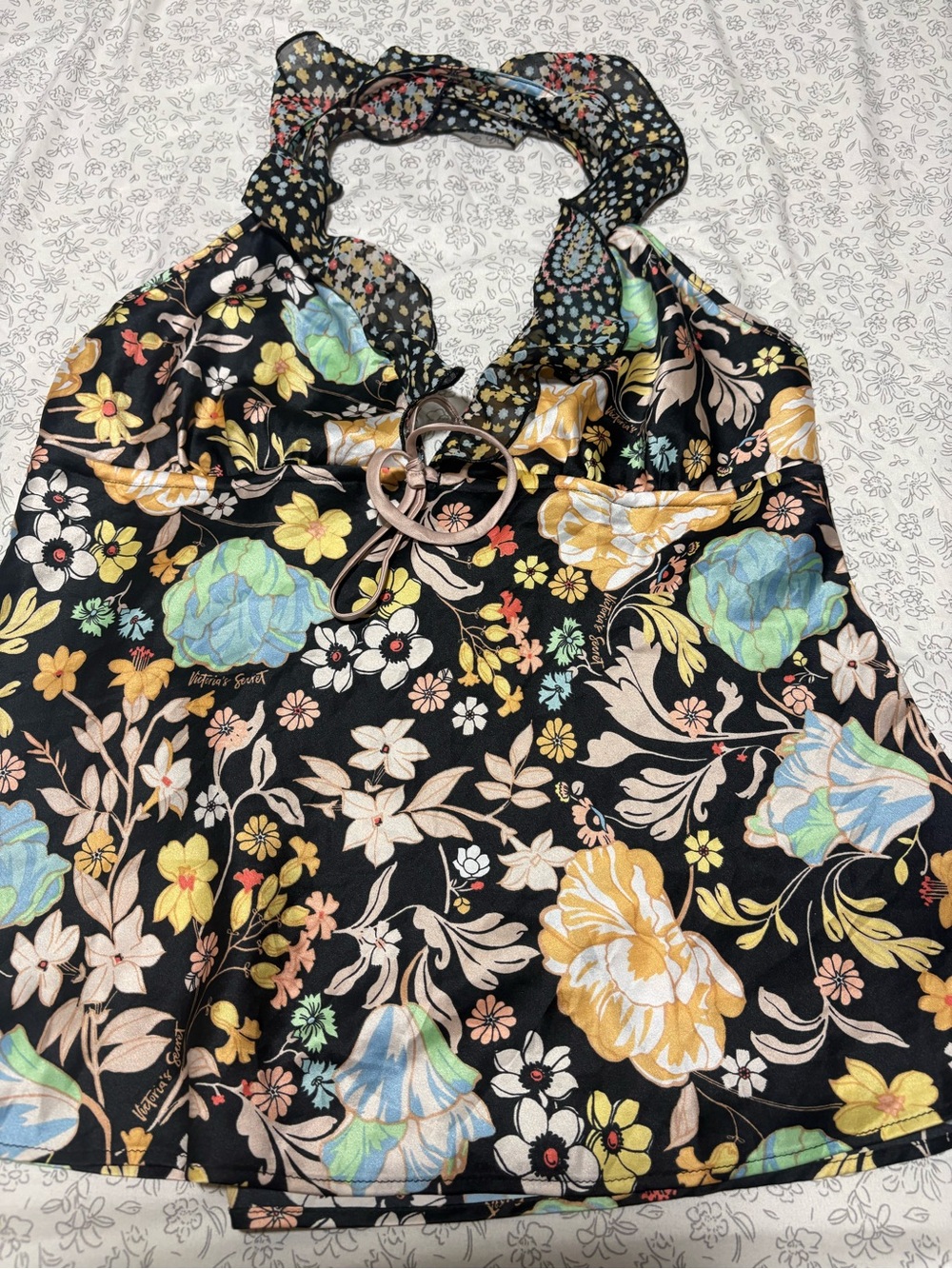Victoria's Secret Black Floral Halter Camisole with Heart Ring